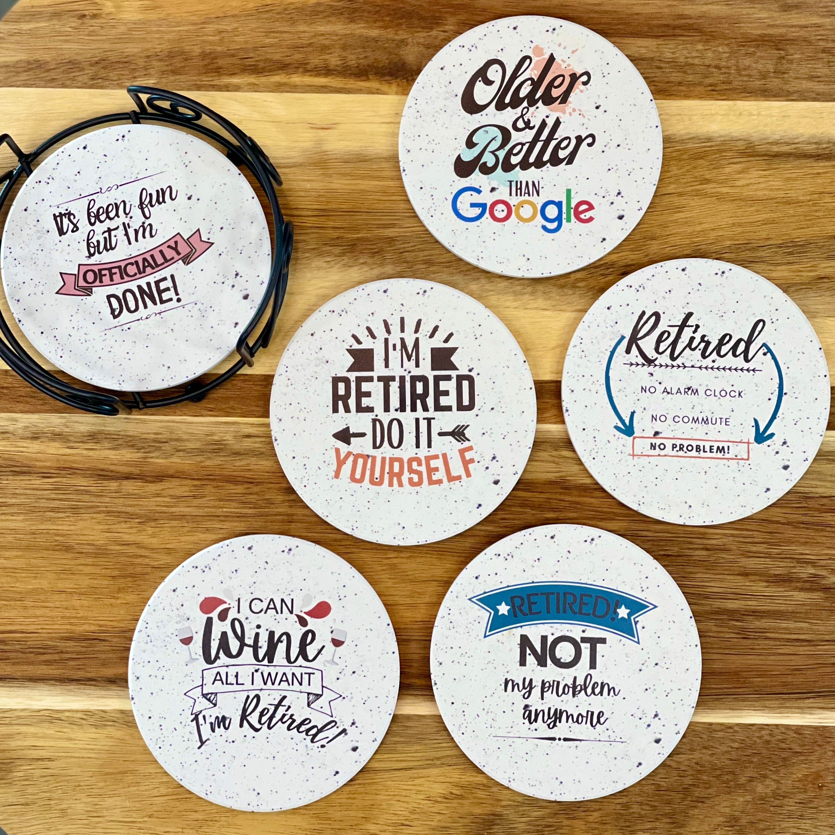 Funny Retirement Gifts for Women & Men - Absorbent Ceramic Coasters - Metal Holder & & Cylinder Kraft Gift Box Included - KCT Store