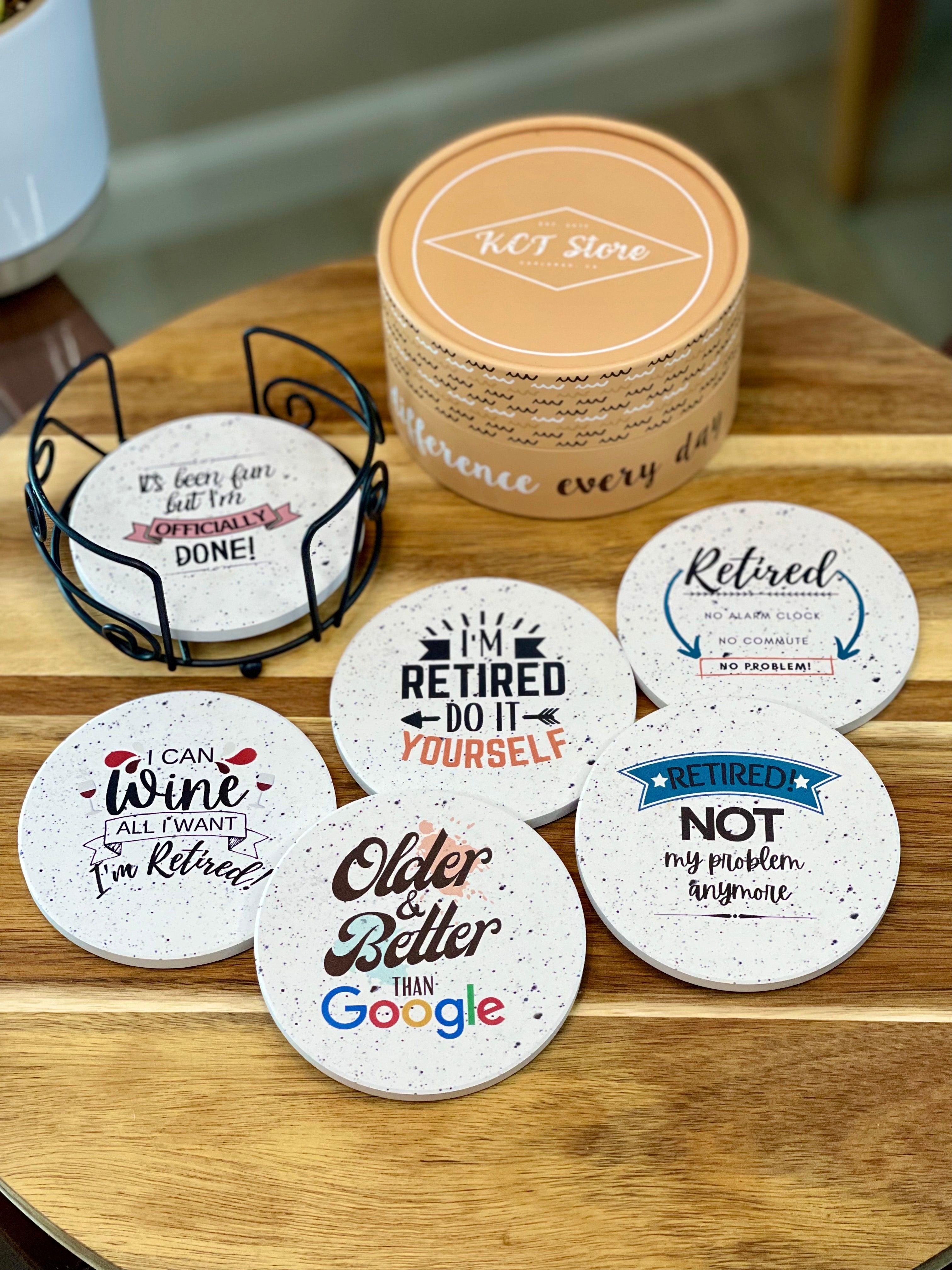 Funny Retirement Gifts for Women & Men - Absorbent Ceramic Coasters - Metal Holder & & Cylinder Kraft Gift Box Included - KCT Store