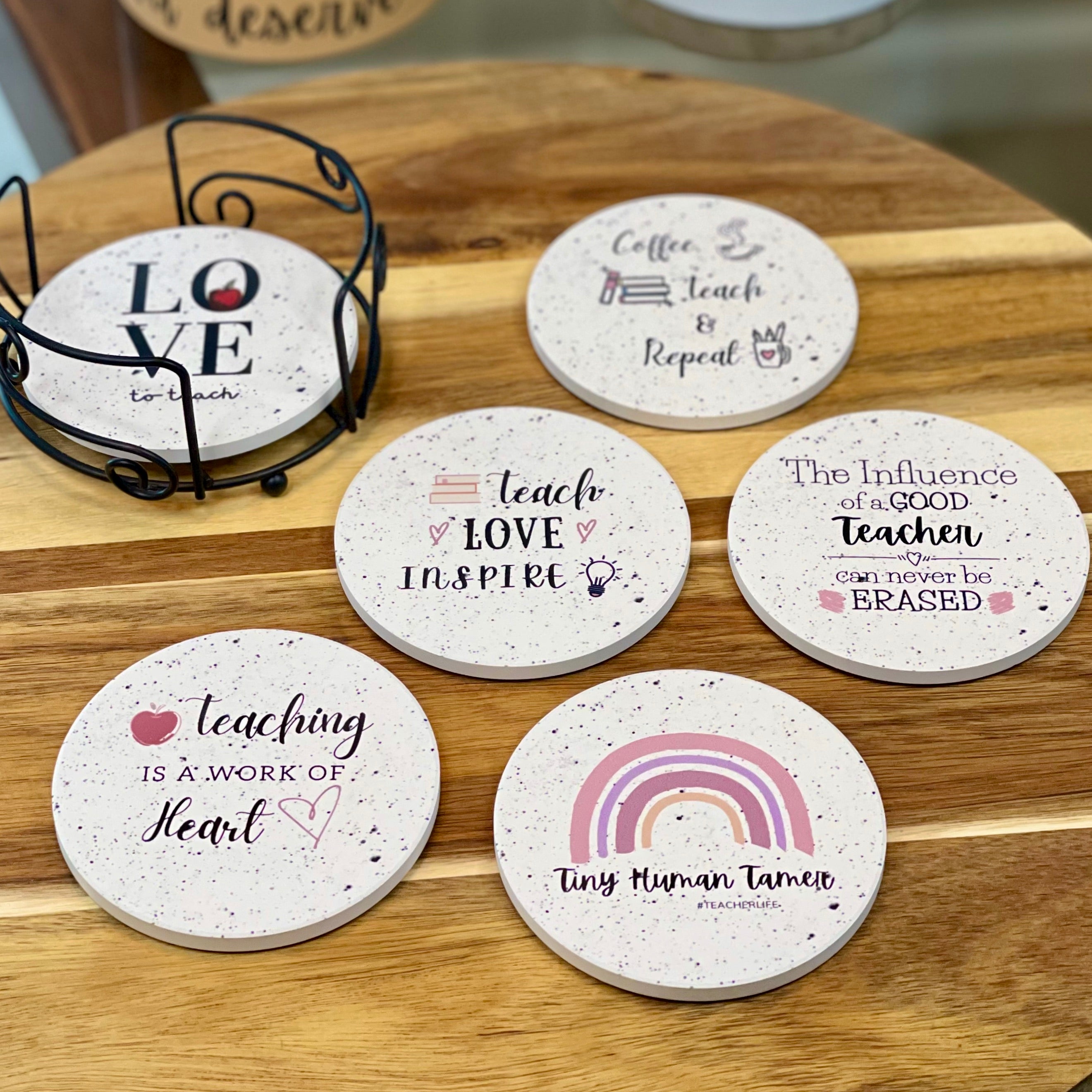 Best Teacher Gifts for Women - Teacher Appreciation Gifts - Absorbent Ceramic Coasters 6pc - Metal Holder & Cylinder Kraft Gift Box Included (Sincere) - KCT Store